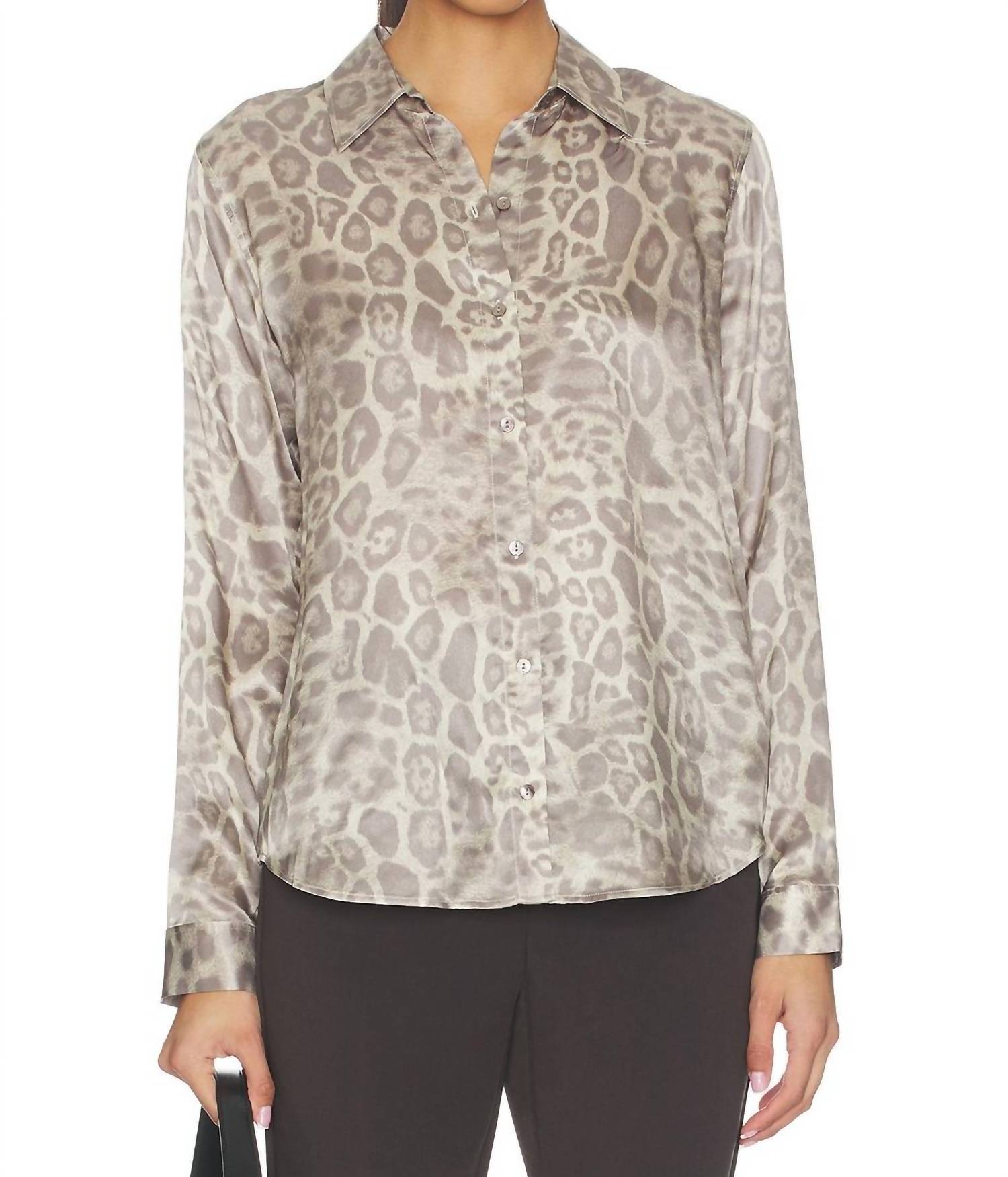 L'Agence Tyler Long Sleeve Blouse in grey multi patch leopard - women's blouse - detail view