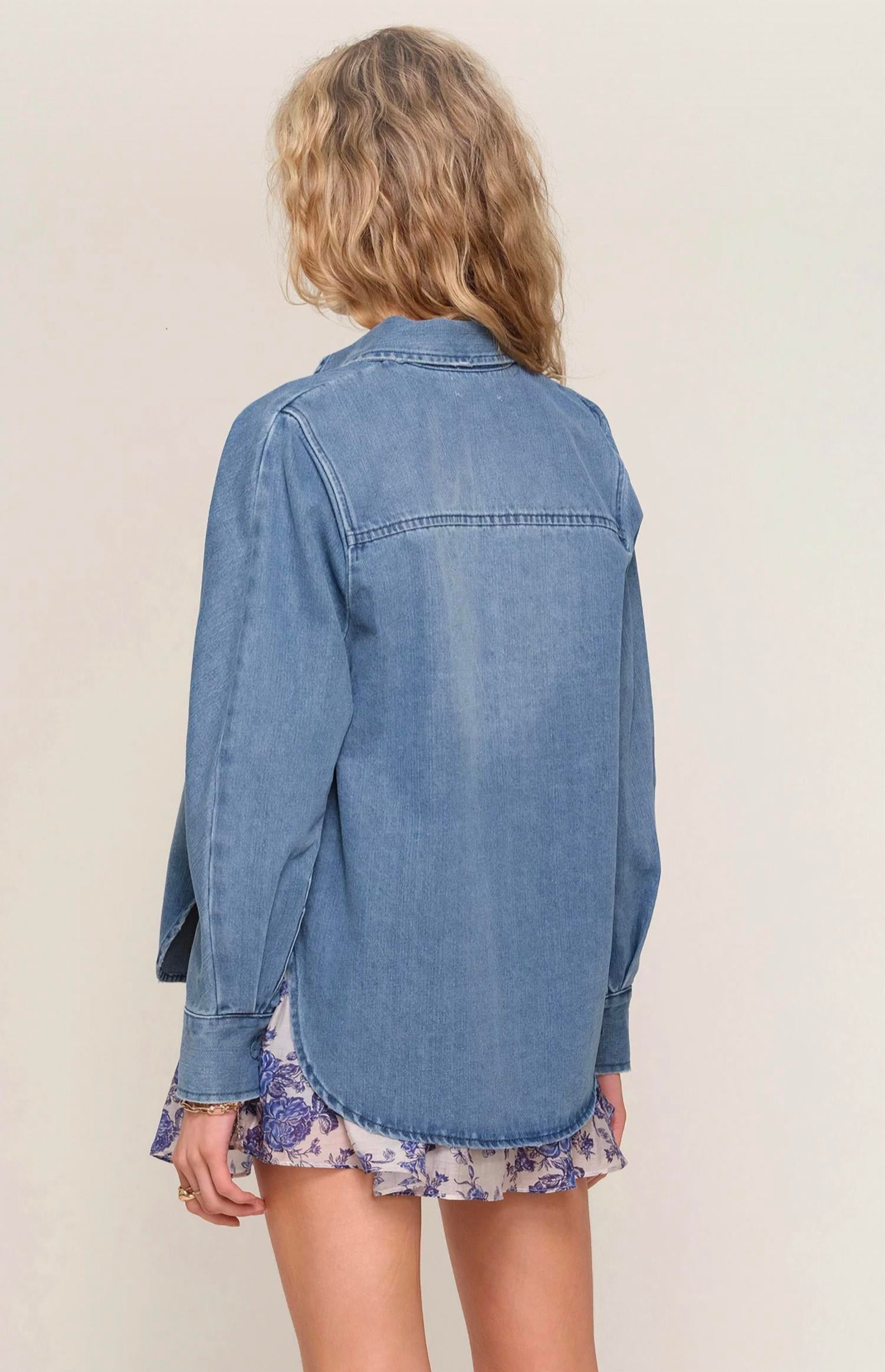 heartloom Suzanne Button Down Shacket in ocean - women's shirt - detail view