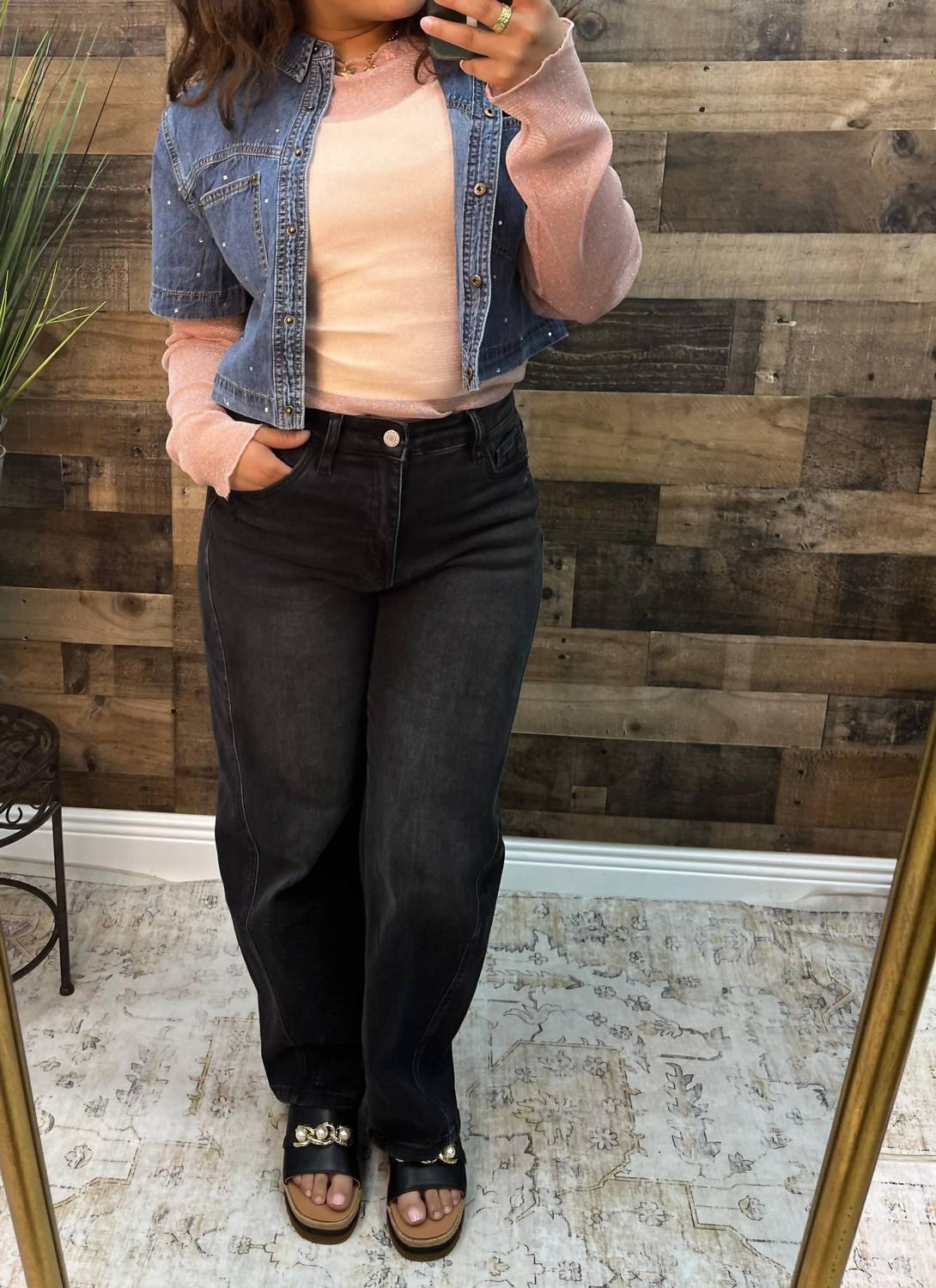 Cozy Co. - Rhinestone Washed Denim Short Sleeve Shrug Top