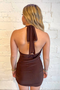 Cotton Candy LA Coffee Date Mini Halter Dress in brown - women's dress - detail view