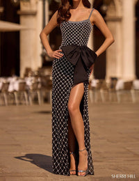 Sherri Hill Satin Beaded Formal Prom Dress With Bow in black ivory silver - women's dress