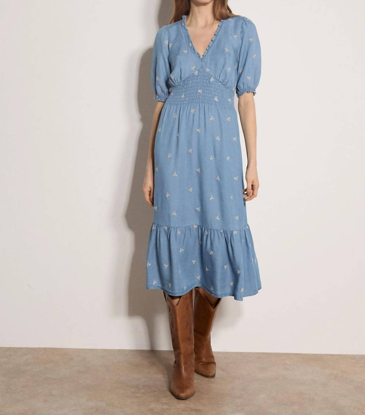 Apricot - Embroidered Denim Tea Dress