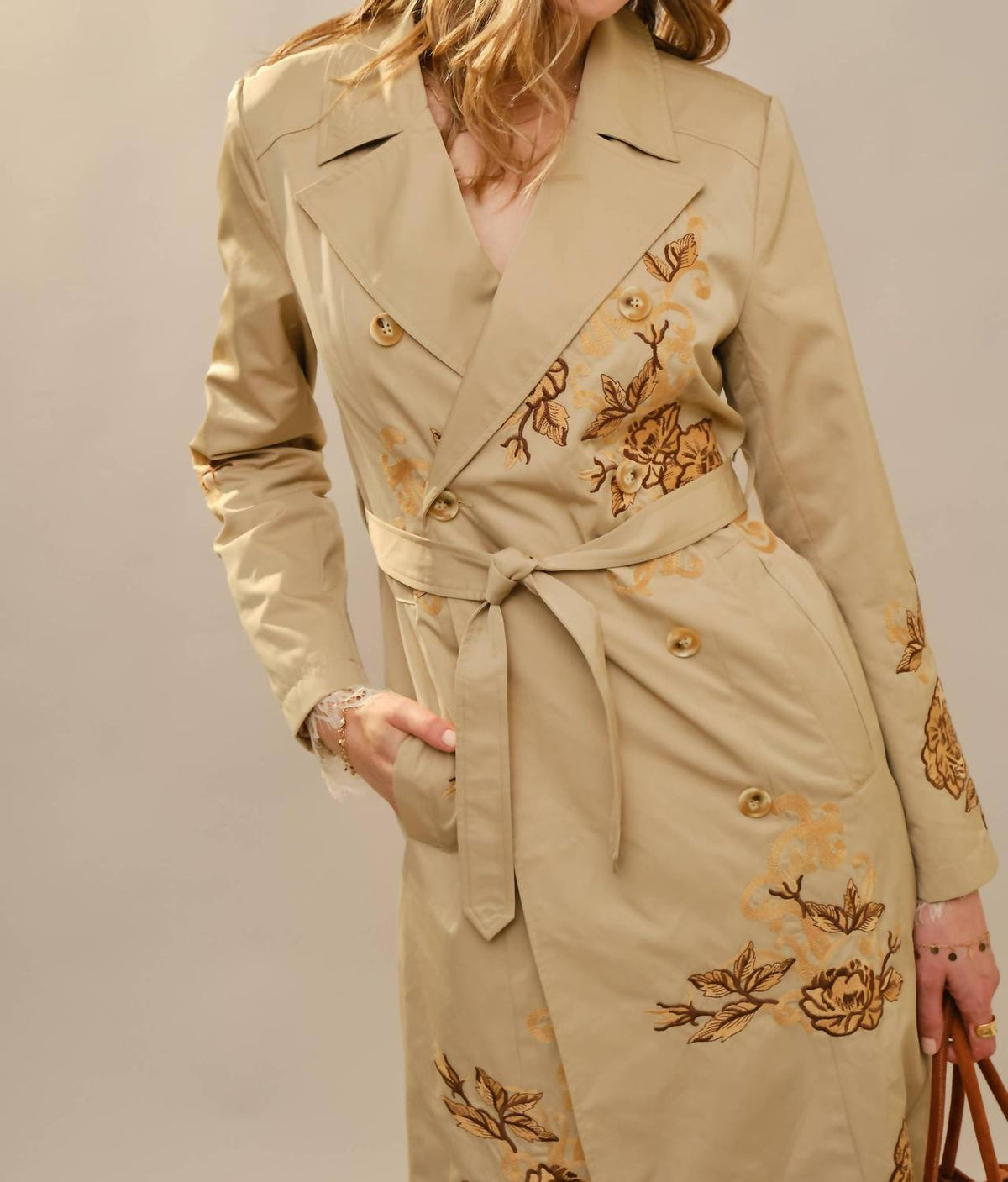 Blue B - Women's Floral Embroidered Double Breasted Belted Trench Coat