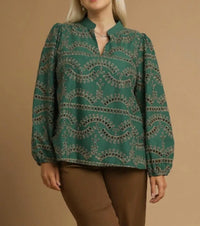 umgee Vera Eyelet Long Sleeved Top in green - women's long sleeve top