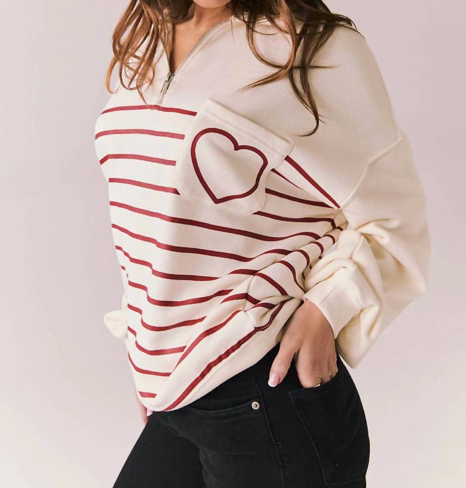 Chaser Heart Half Zip Sweatshirt in starry white - women's top - detail view
