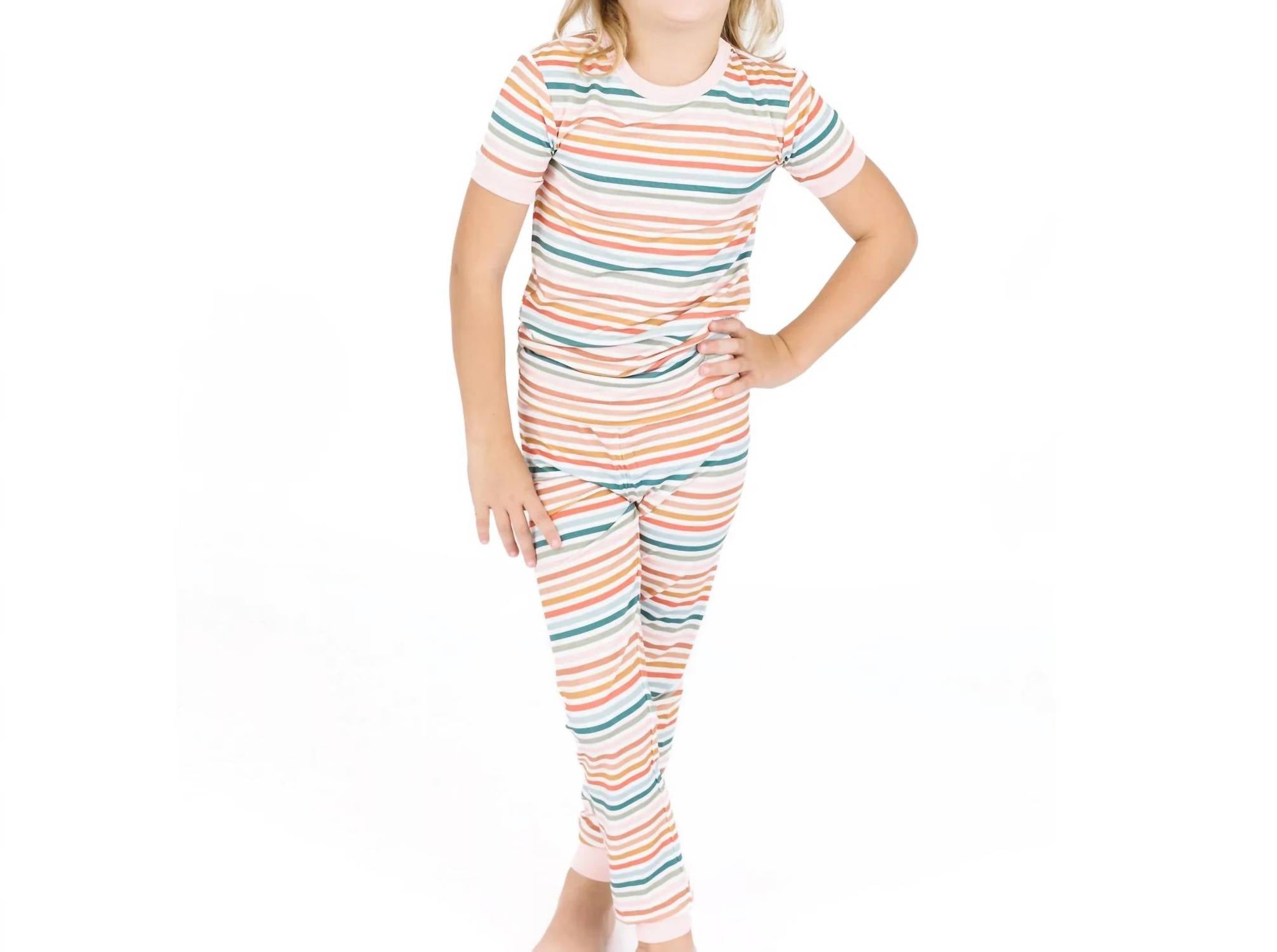 Emerson And Friends - Kids Sunset Stripe Two-piece Bamboo Short Sleeve Pajama Pants Set