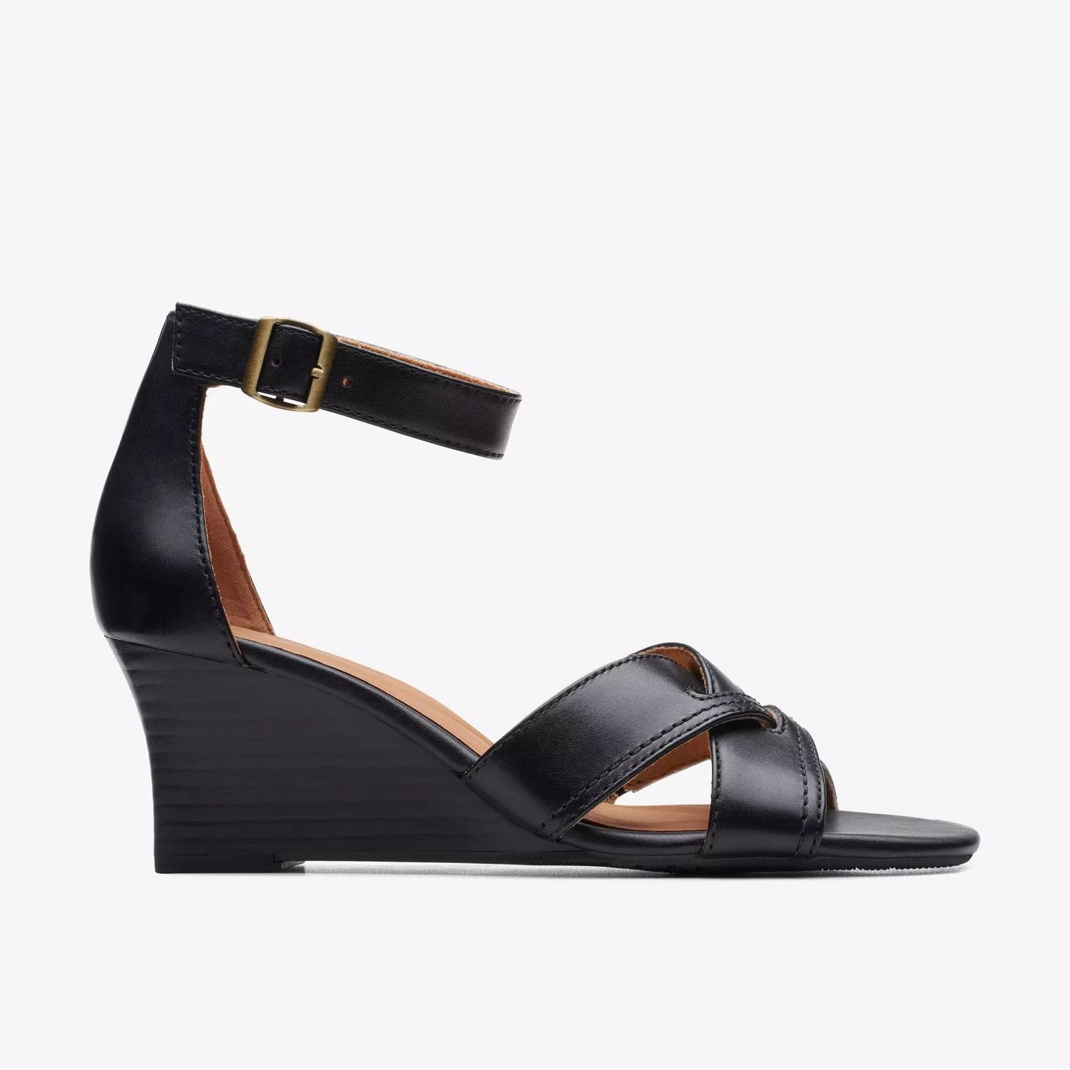 Clarks Women's Cielo Charm Wedge Sandal in black leather - women's sandal - detail view