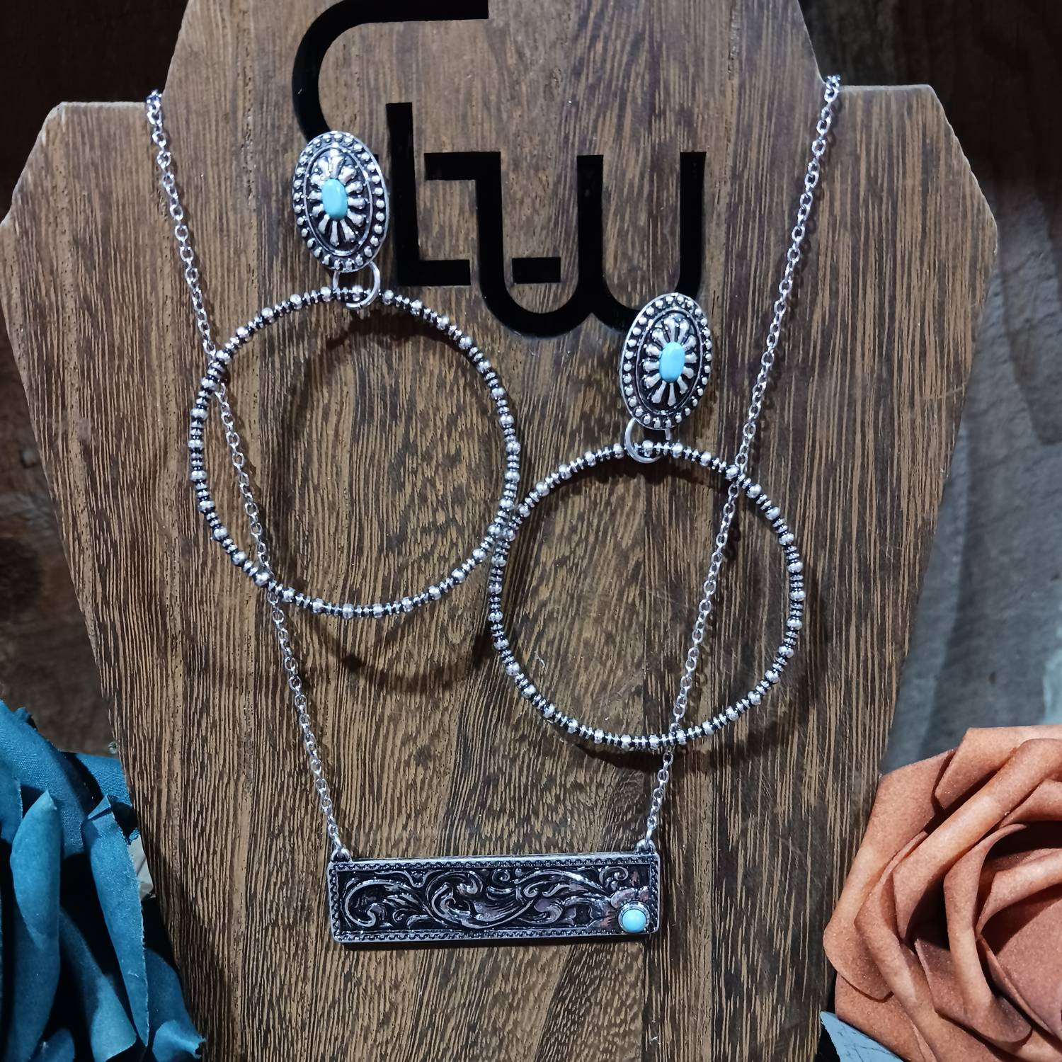 Silver Strike - Women's Floral Pendant Necklace And Earring Set