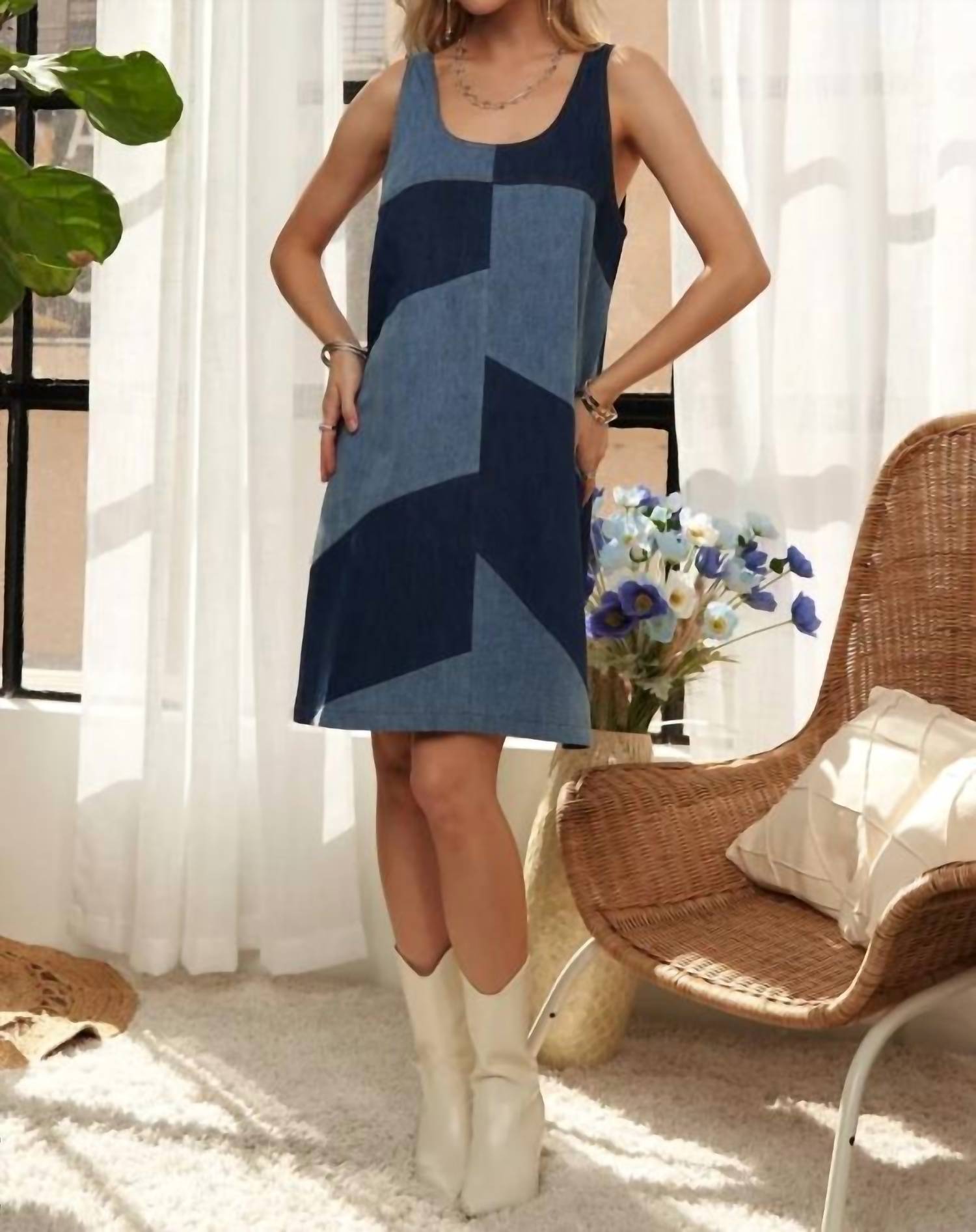 Adora - Pin Stripped Sleeveless Denim Mini Dress
