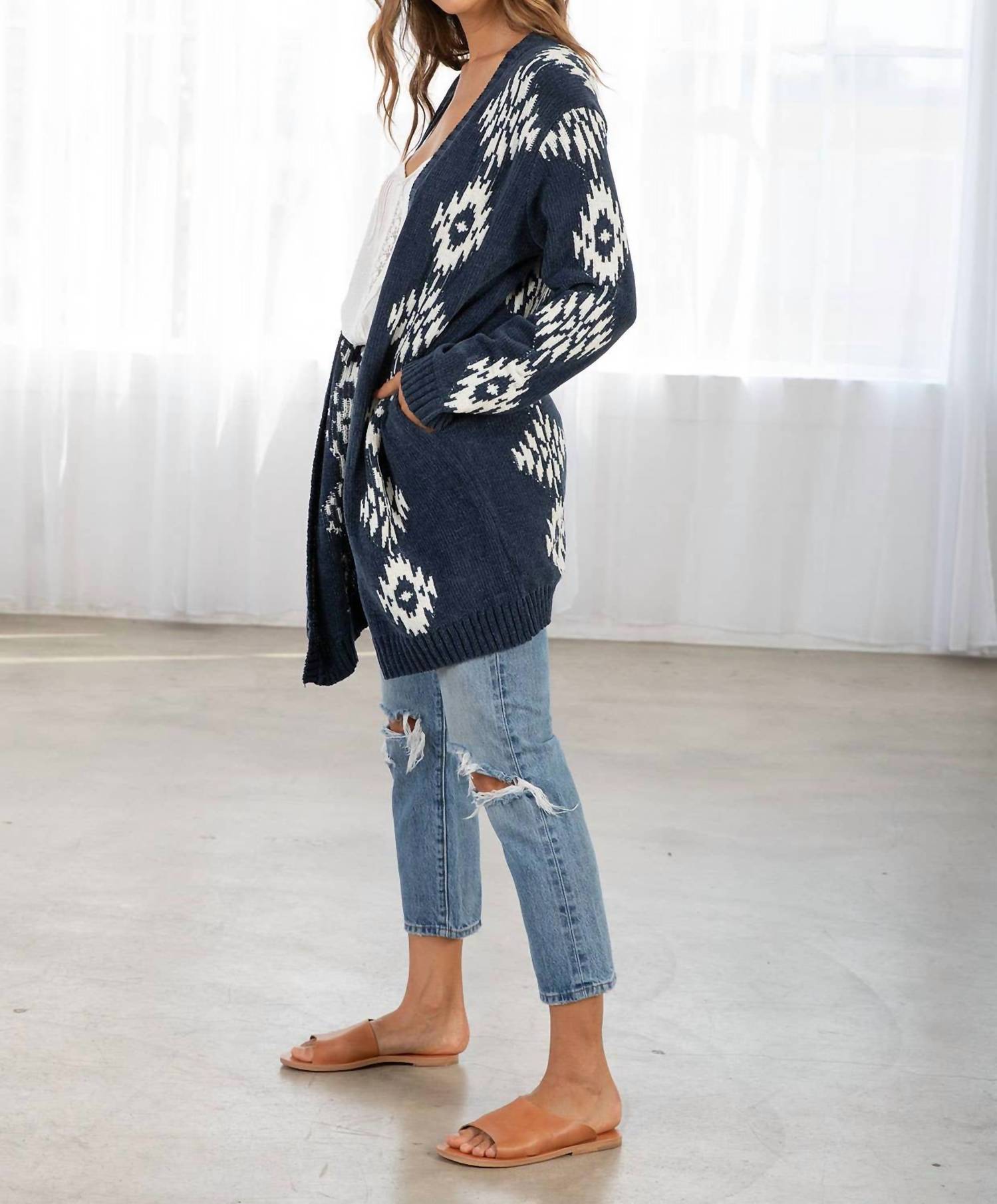 LOVESTITCH Beautiful Southwestern Open Front Cardigan in indigo off white - women's cardigan - view 4