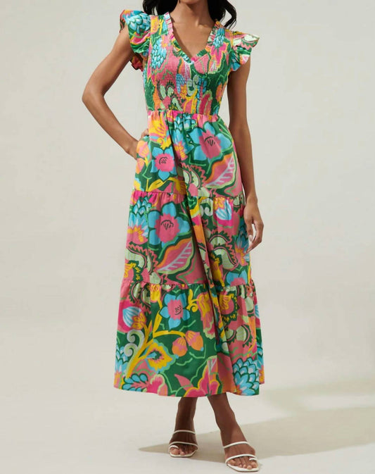 Sugarlips - Lanai Tropics Sunfire Smocked Bodice Tiered Midi Dress