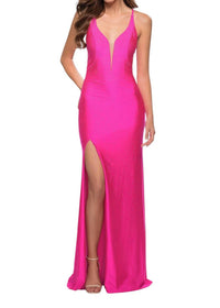 La Femme - Rhinestone Plunge Neck Gown