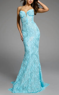 JOVANI Sweetheart Lace Gown with Corset Bodice and Lace-Up Back in blue - women's dress