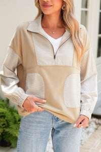 Shewin - Women's Striped Zip Pullover Top