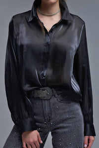 Q2 Elegant Silk Button Up Top in black - women's long sleeve top