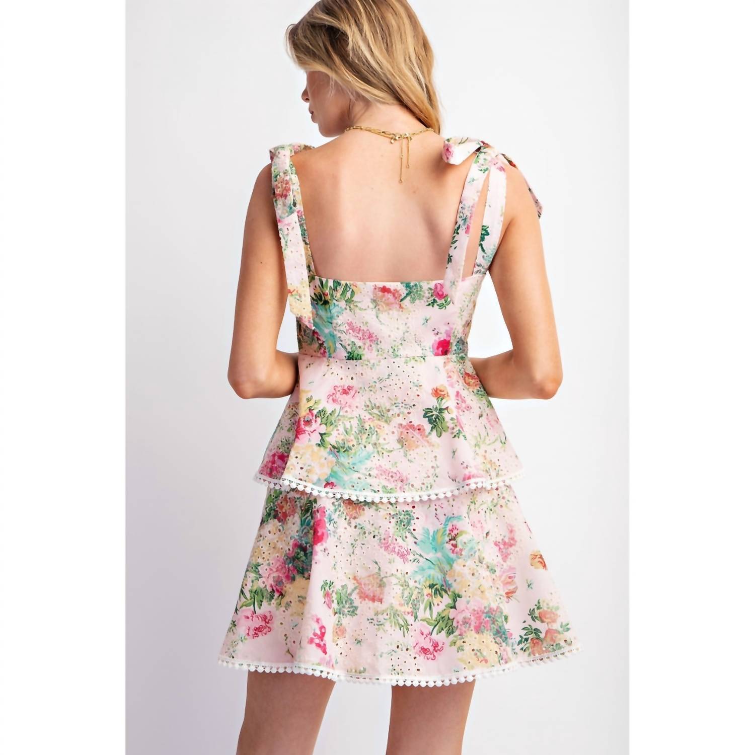 Sweet Generis - Lovely Print Eyelet Tiered Mini Dress