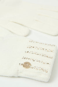 Joseph Ribkoff Rhinestone Embellished Knit Gloves in winter white - women's accessory - alternate view