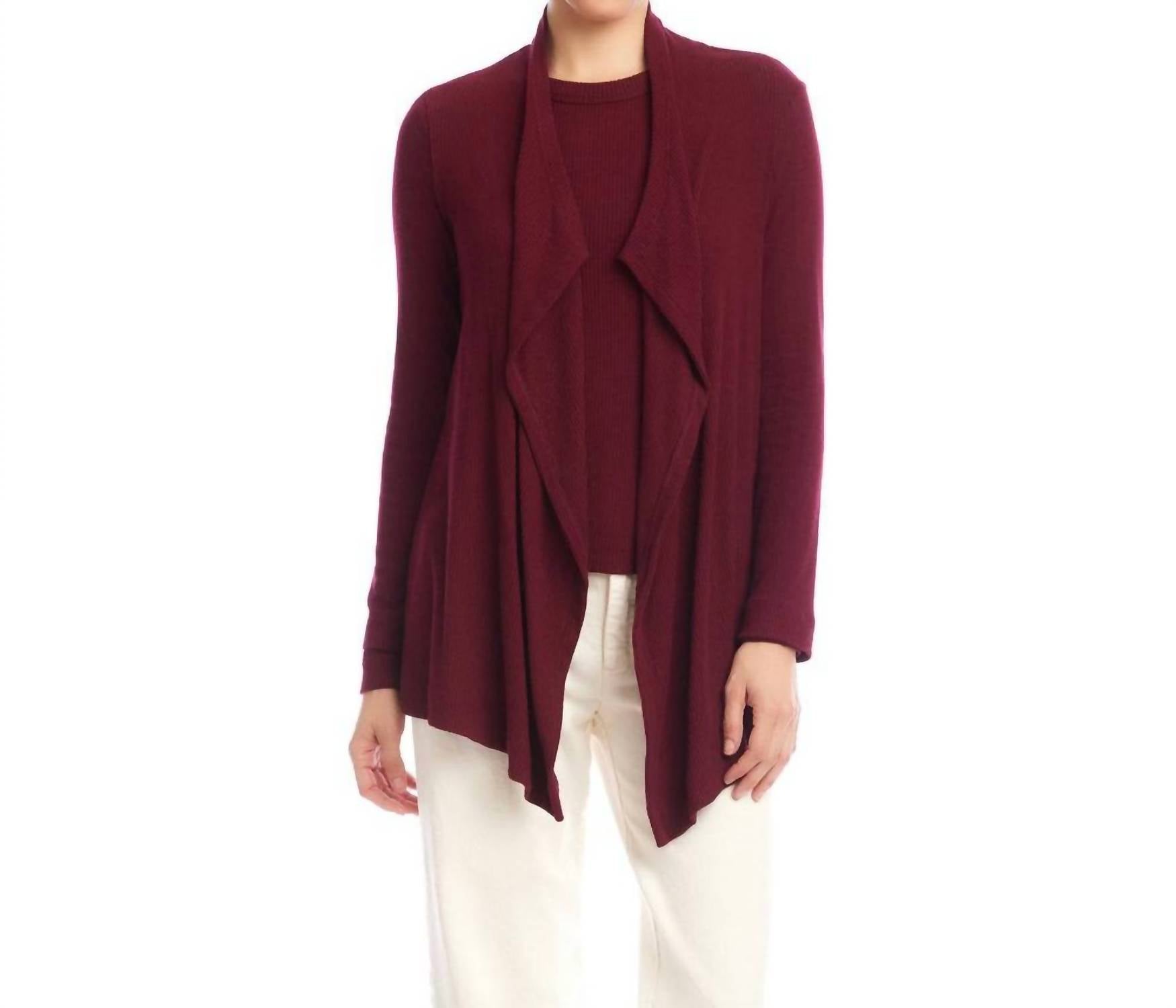 Karen Kane Long Sleeve Ribbed Drape Front Cardigan - Petite in wine - women's cardigan