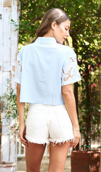Paparazzi - Short Sleeve Floral Eyelet Button Front Crop Shirt
