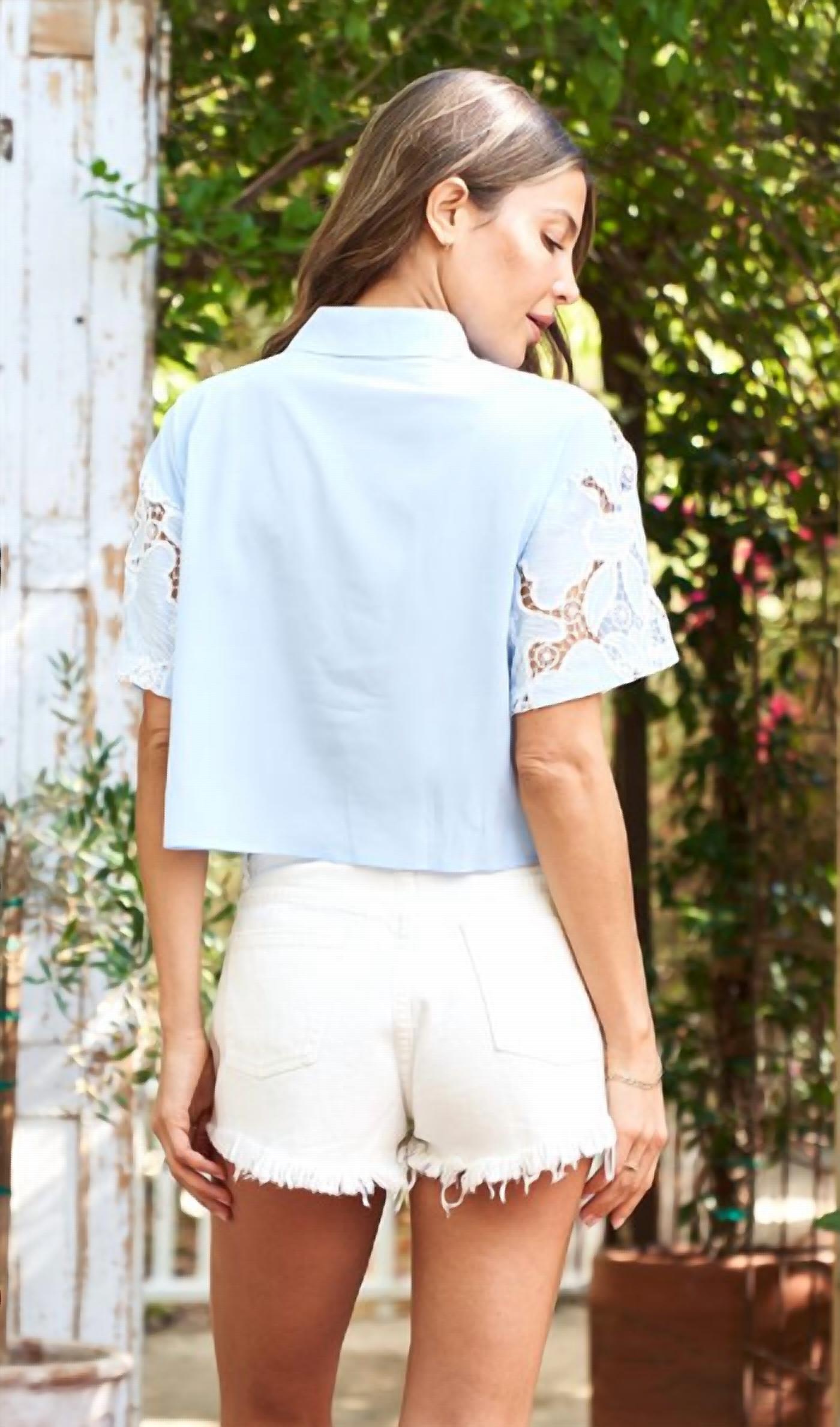 Paparazzi - Short Sleeve Floral Eyelet Button Front Crop Shirt