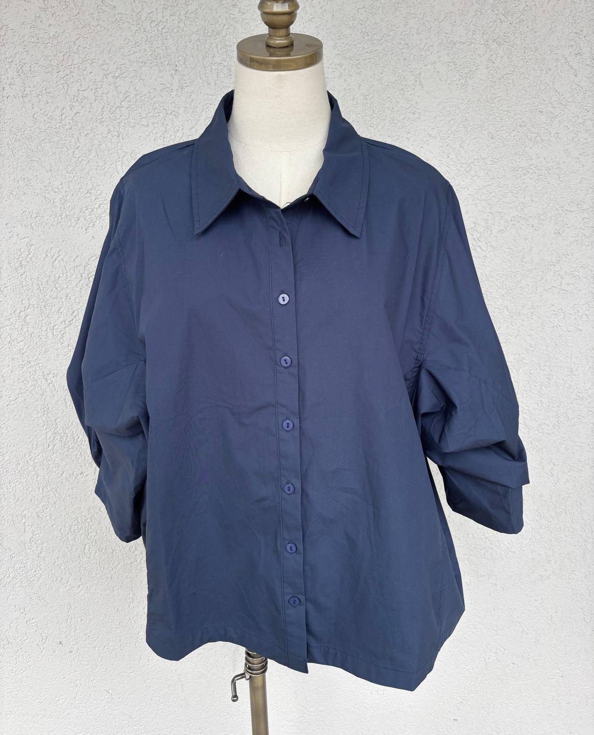 P.CILL Women's Poplin Bishop Sleeve Button Up Blouse in navy - women's blouse