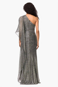 Betsey Johnson - Metallic Knit One Shoulder Draped Cape Floor Length Dress
