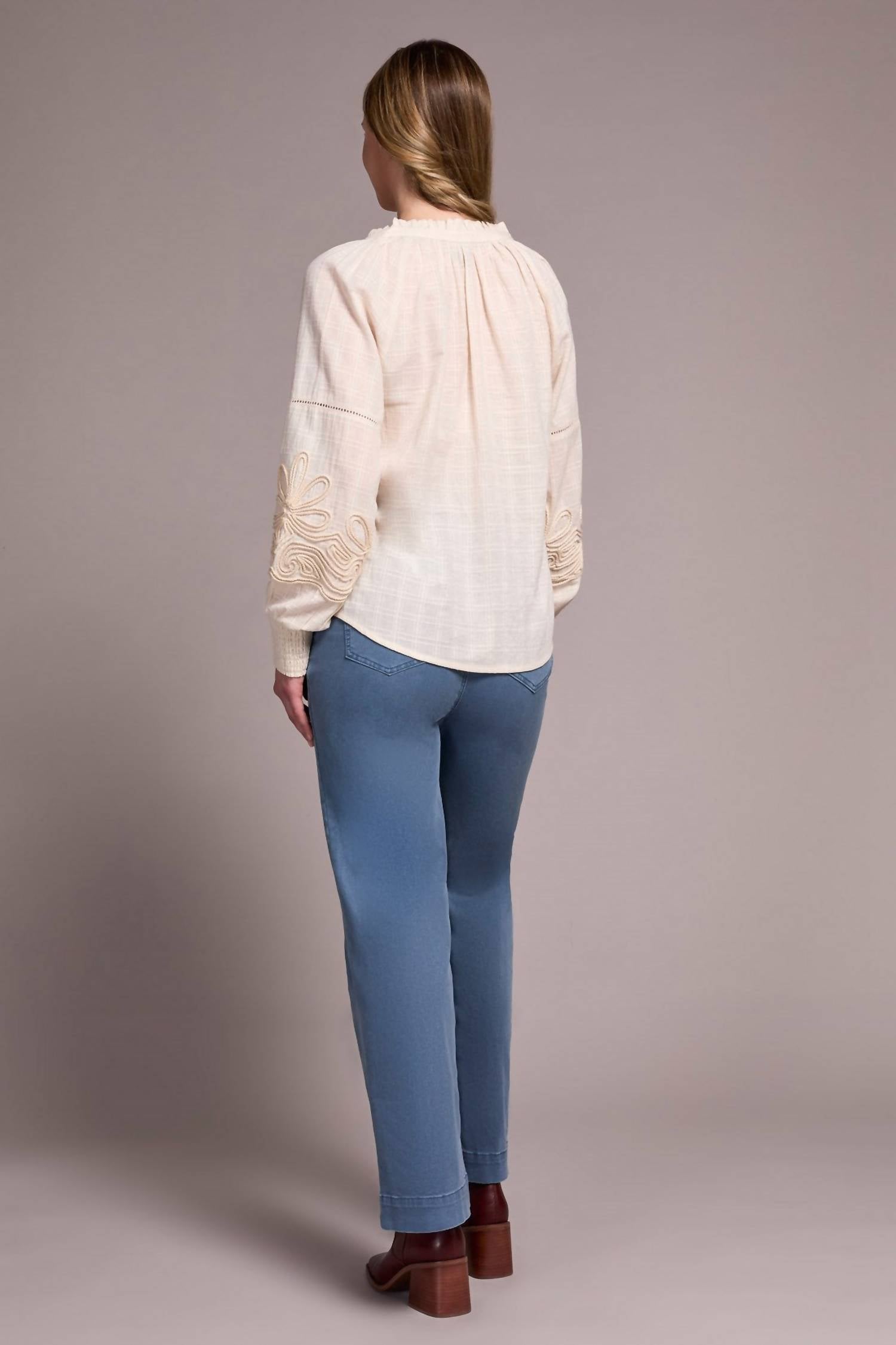 Tribal - Jaquard Appliqué Sleeve Notch Neck Blouse