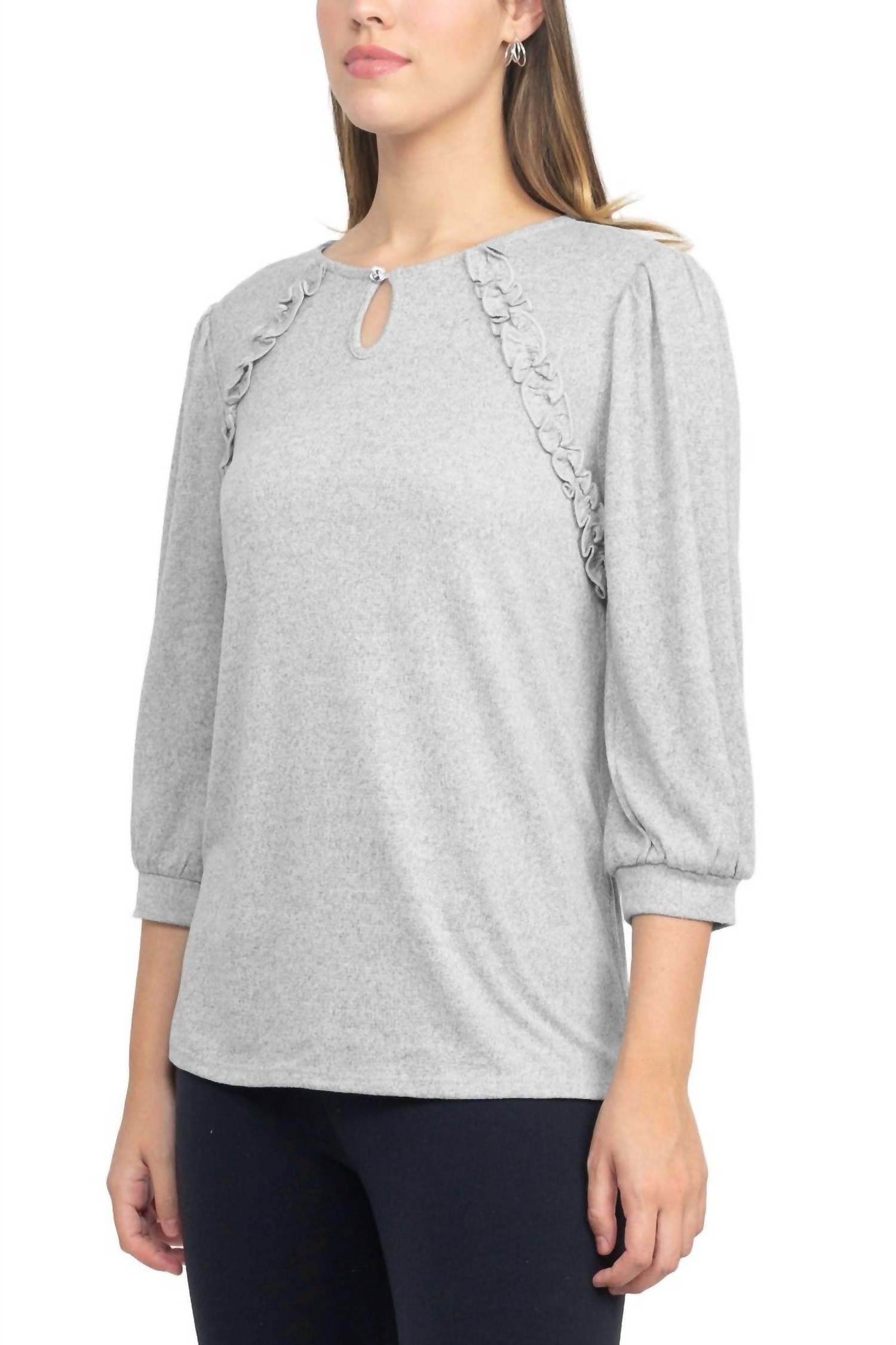 Tint & Shadow - Crew Neck Front Ruffle Detail Knit Top