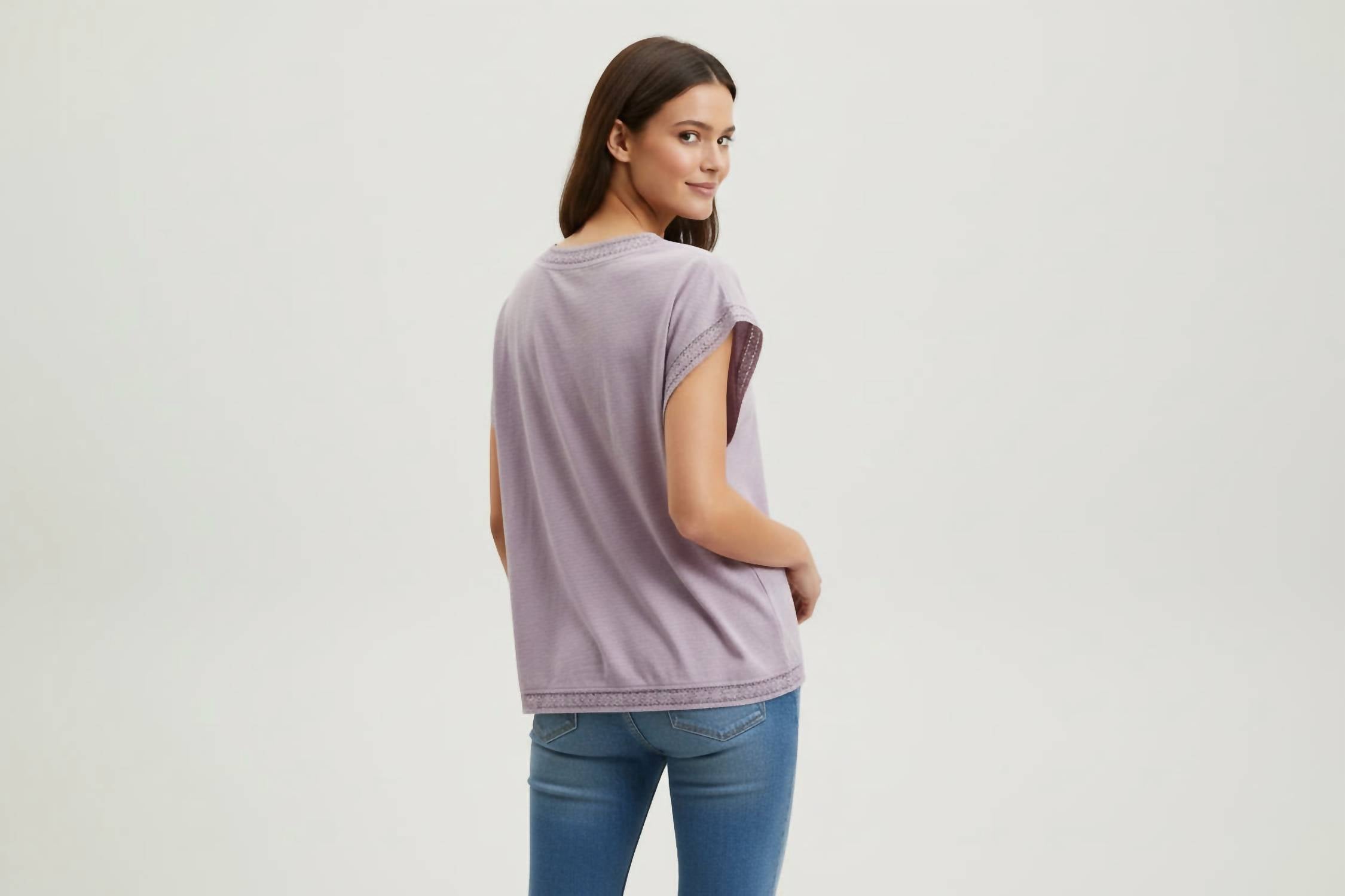 mododoc Dolman Lace Trim Tee in lilac - women's t-shirt - alternate view