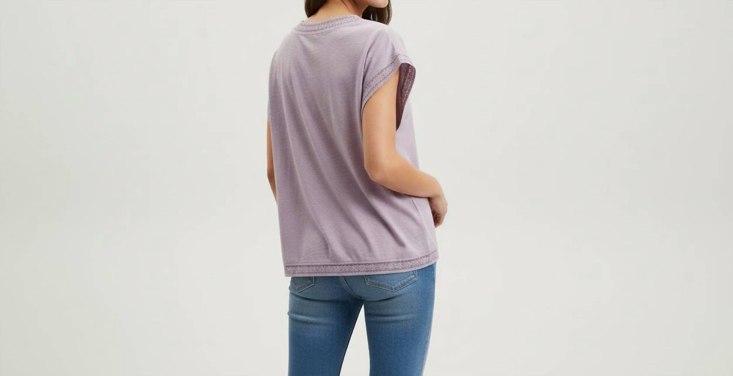 mododoc Dolman Lace Trim Tee in lilac - women's t-shirt - detail view