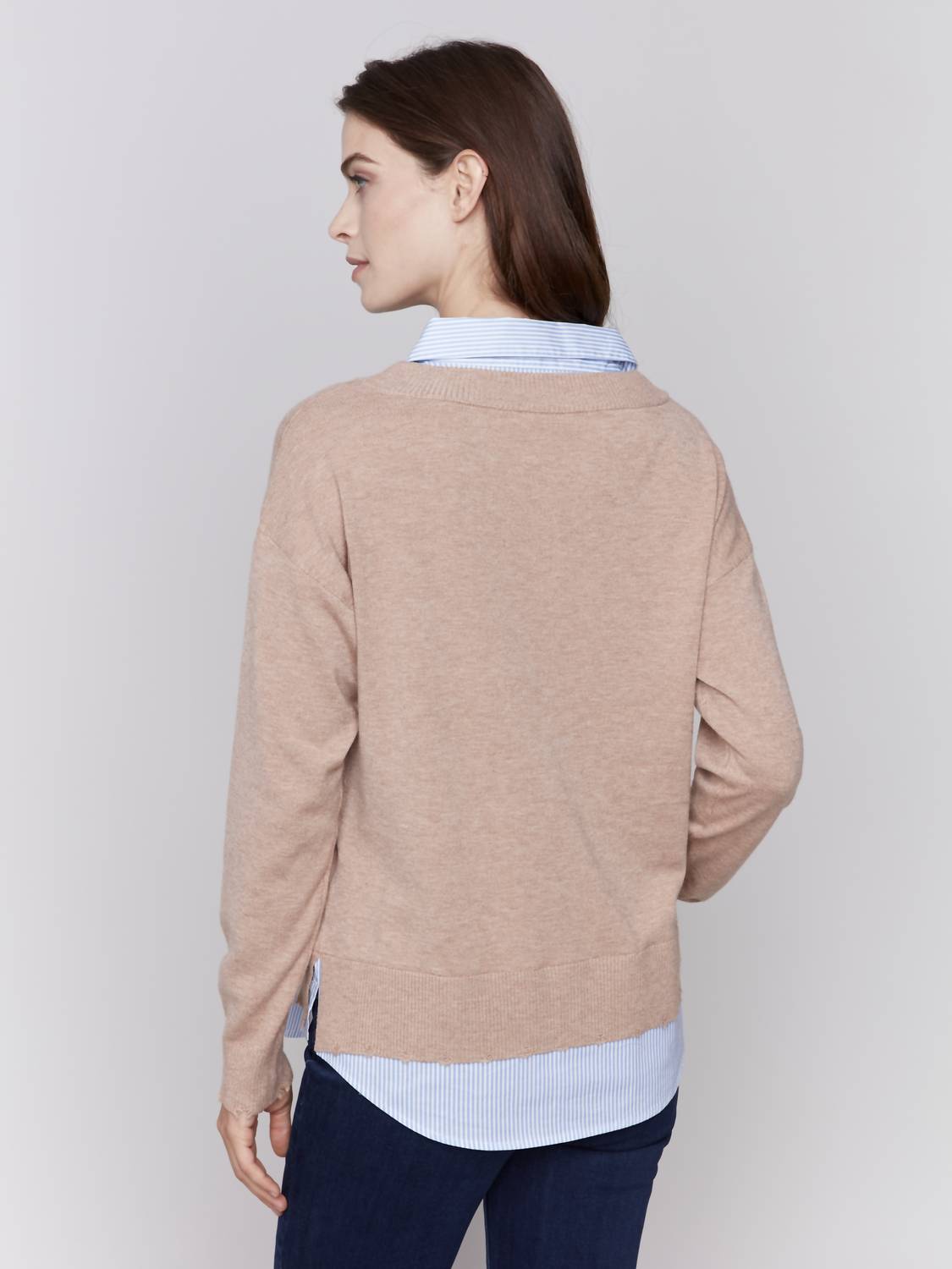 Charlie B - Knit Fooler Sweater With Banker Stripe Shirt Hem