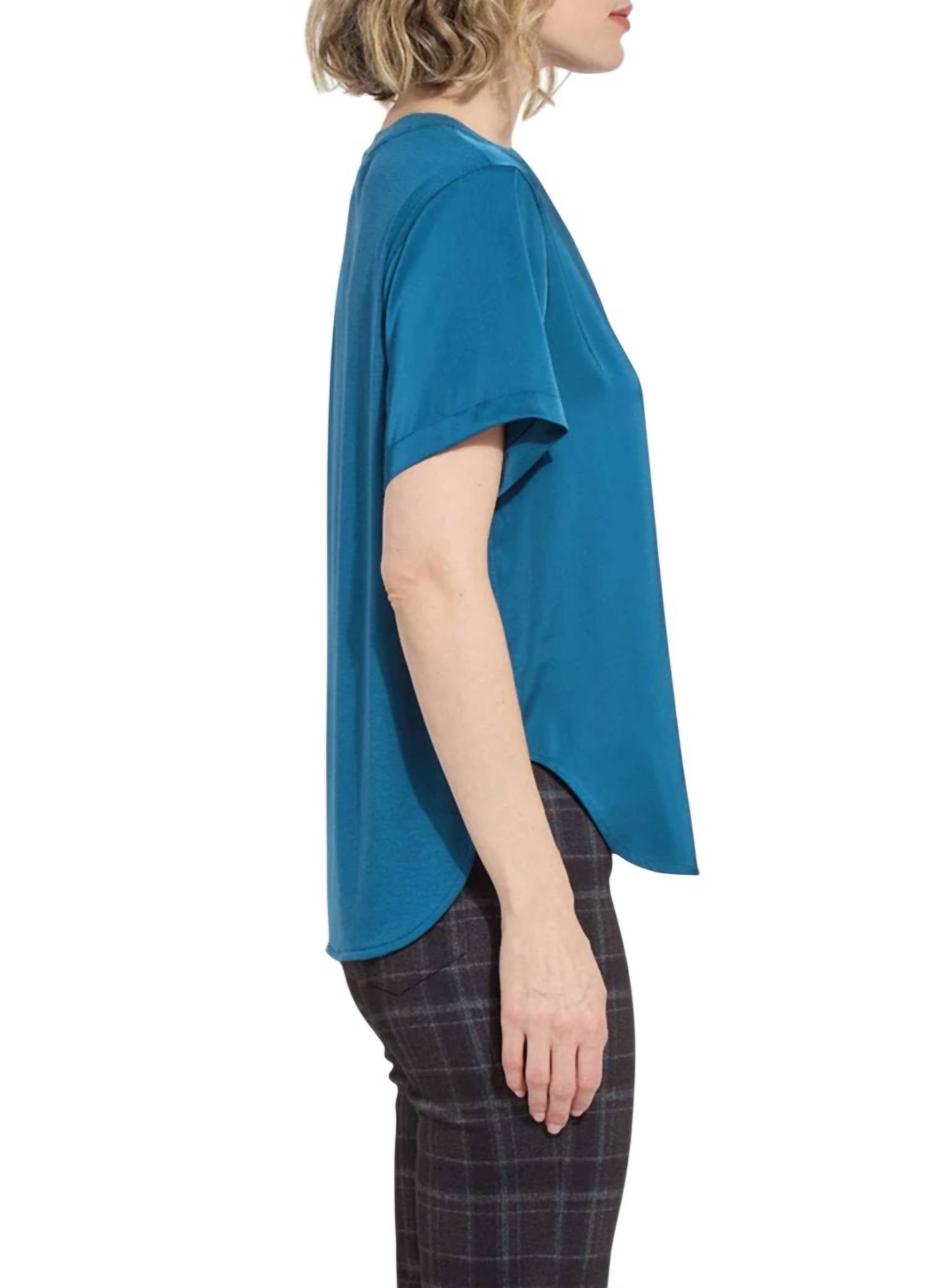 Lysse Aline Crew Neck Mix Media Top in irish blue - women's blouse - alternate view