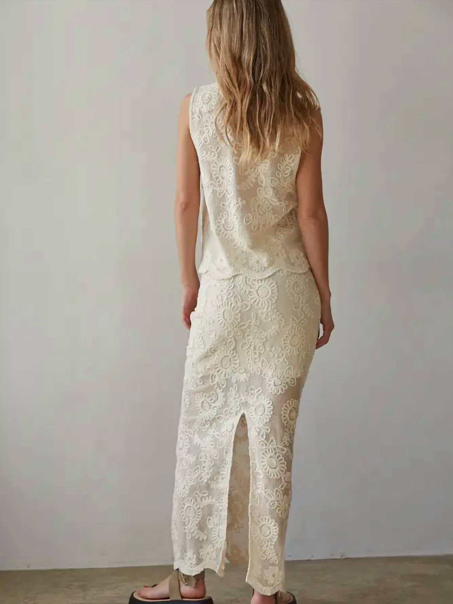 By Together - Woven Cotton Floral Lace Work Midi Skirt