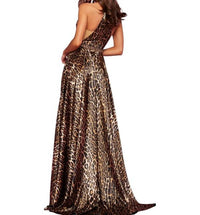 Sherri Hill Satin Halter Gown in animal print - women's dress - detail view