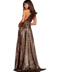 Sherri Hill Satin Halter Gown in animal print - women's dress - alternate view