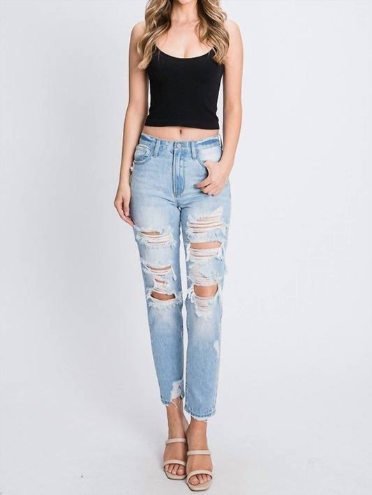 Alyssa Super High Rise Distressed Light Wash Mom Jeans