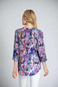 Apny - Brush Stroke ¾ Sleeve Mandarin Collar Button Up Blouse