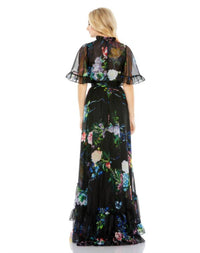 MAC DUGGAL Ruffle Neck Floral Print Dress in black multi - women's dress - detail view