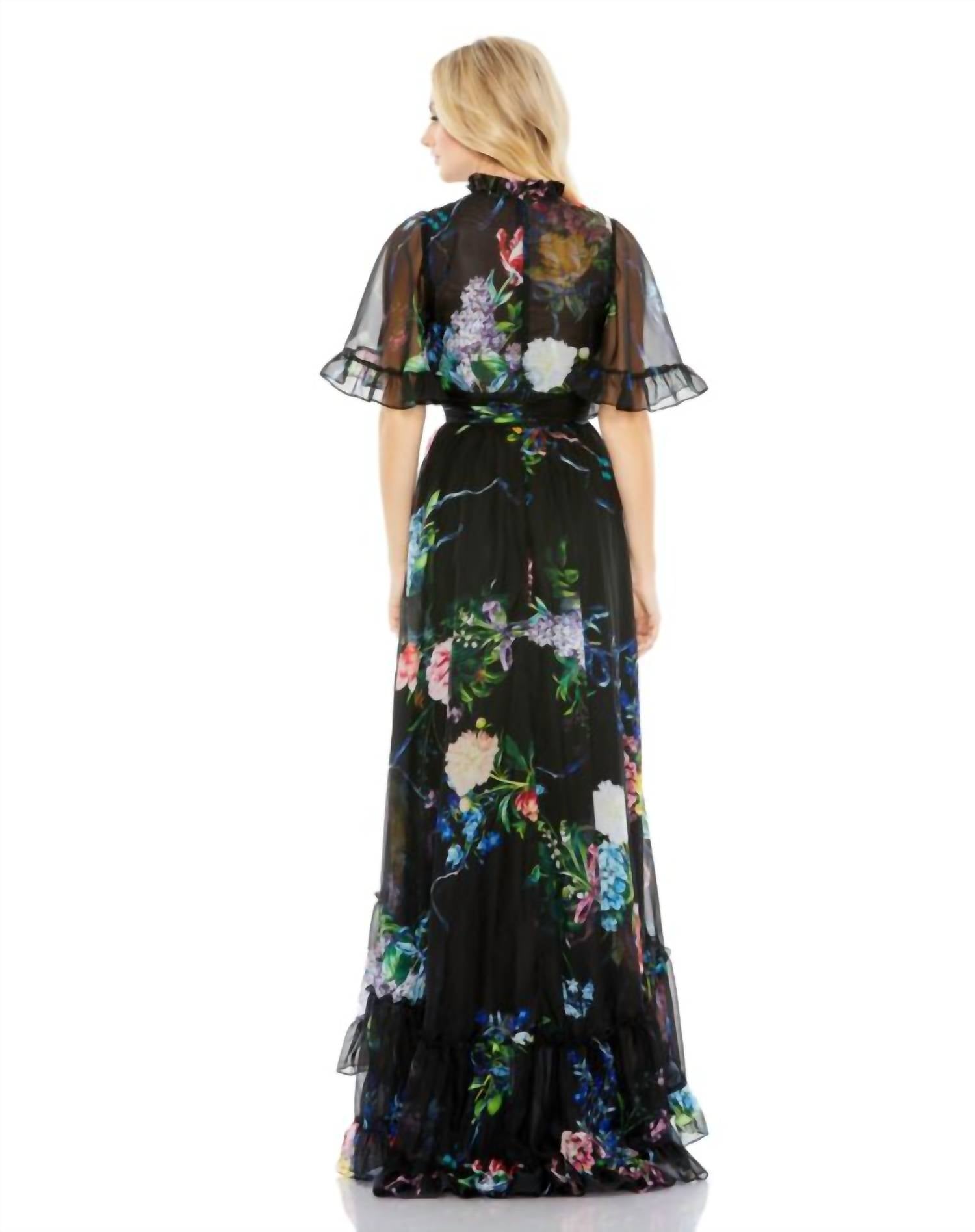 MAC DUGGAL Ruffle Neck Floral Print Dress in black multi - women's dress - detail view