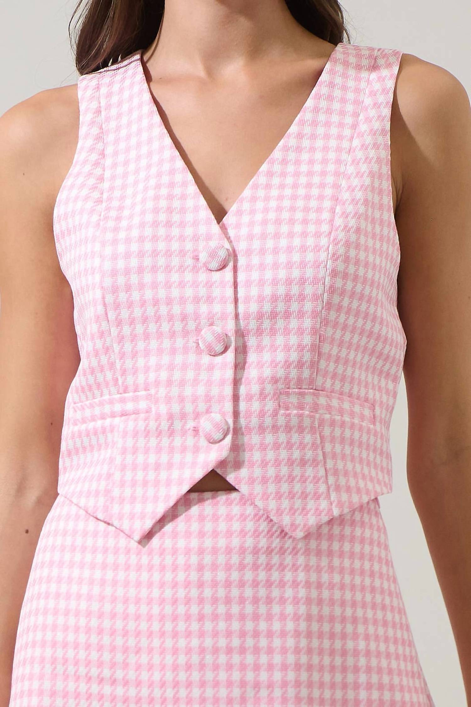 SUGARLIPS Kassy Checker Chelsea Button Up Vest in pink - women's jacket - view 4