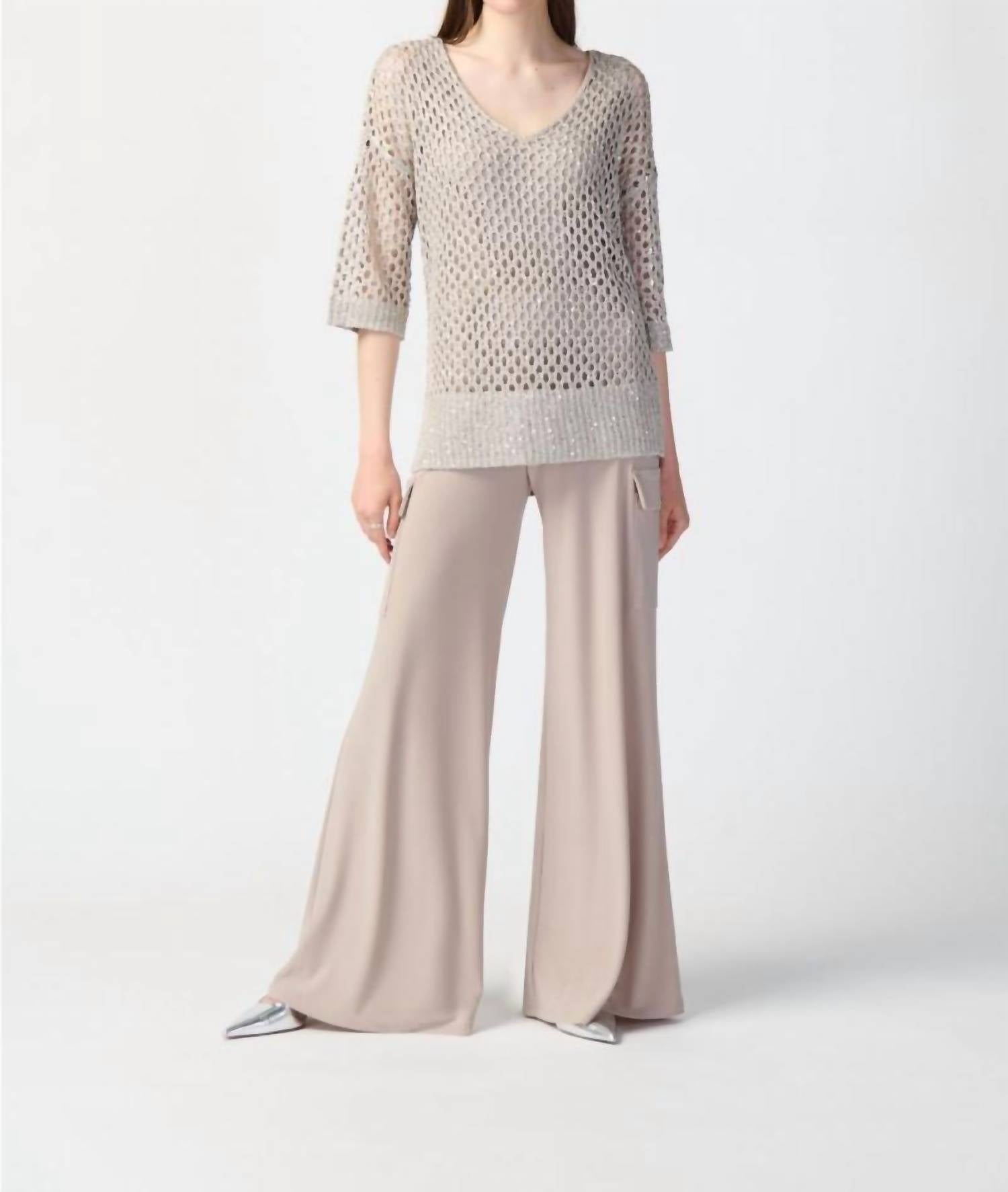 Joseph Ribkoff - Sequined V-neck 3/4 Sleeve Crochet Top
