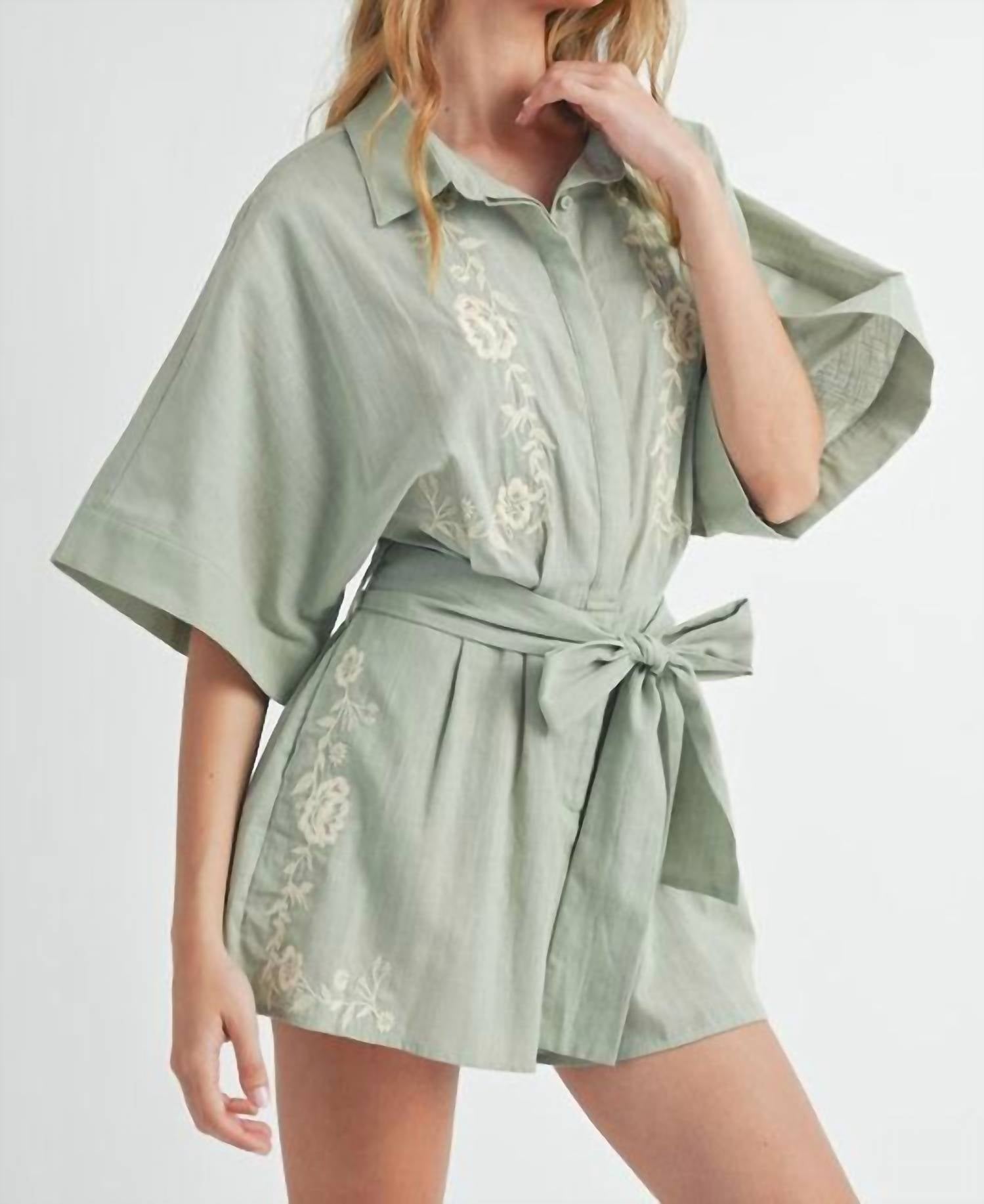 Mabel - Embroidered Button Down Collared Romper