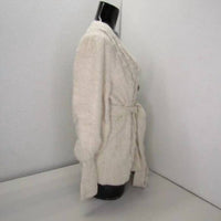 TOCCIN Women's Short Popcorn Button Up Tie Waist Cardigan in cream - women's cardigan - detail view