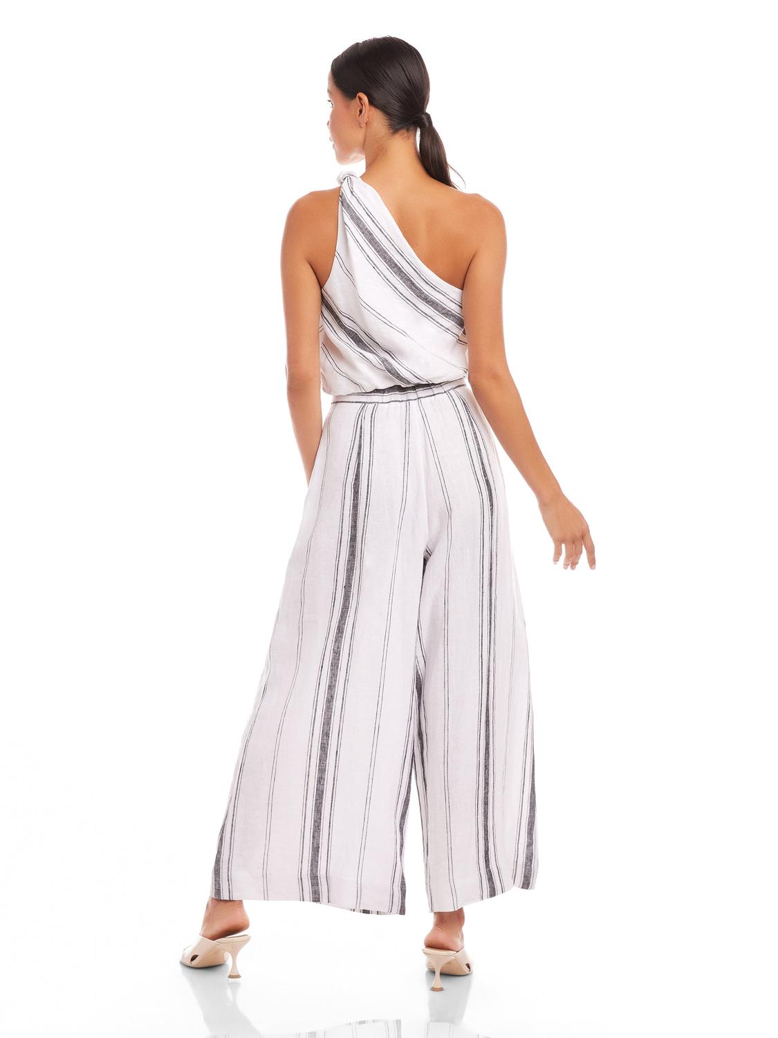 Fifteen Twenty VANITA BEACH STRIPE LINEN ONE SHOULDER TOP in white - women's blouse - detail view