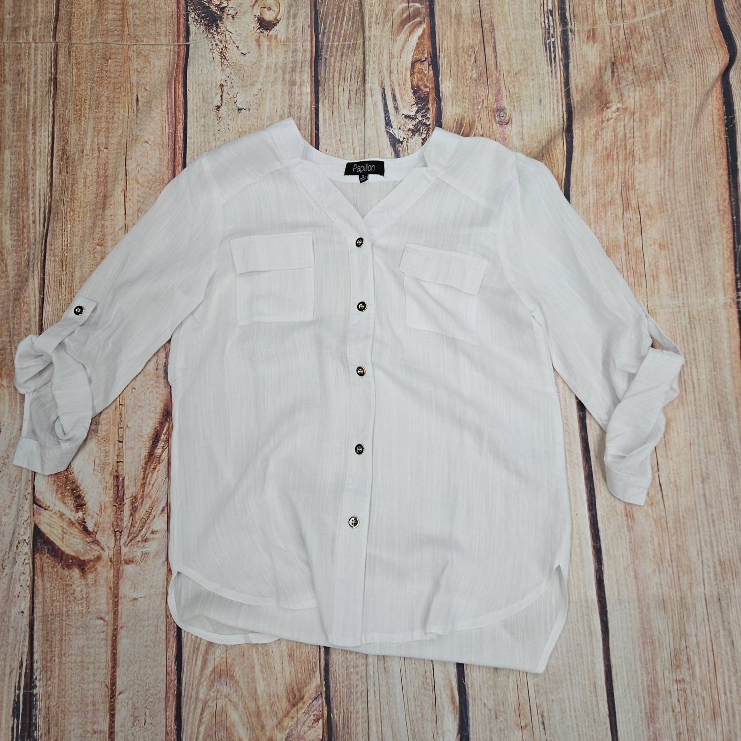Papillon Women's Button Front Tab Sleeve Blouse in white - women's blouse