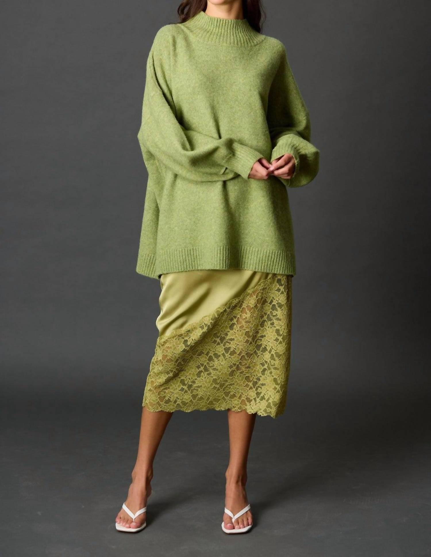 Before You Satin Asymmetrical Lace Contrast Pencil Midi Skirt in light moss - women's skirt - alternate view