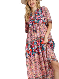 Umgee - Mixed Floral Print Tiered Dress