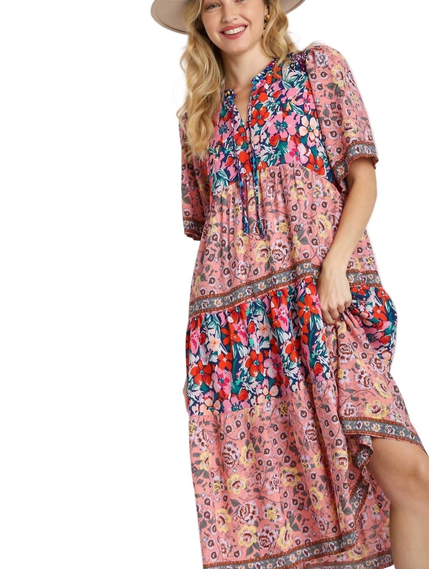 Umgee - Mixed Floral Print Tiered Dress