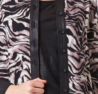 Angel Apparel Animal Print Shirt With Vegan Leather Trim in zebra black - women's shirt - detail view