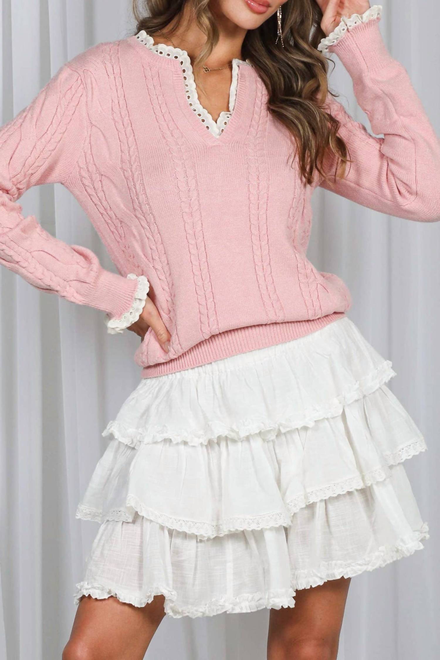 Vine & Love Lace Embellished V-neck Cable Knitted Sweater in blush - women's sweater - detail view